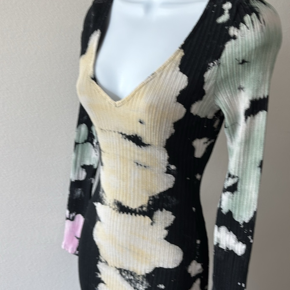 Ribbed Tie-Dye Dress L Bodycon V-Neck Bleach Wash Grunge Indie Sleaze Streetwear - Picture 8 of 13